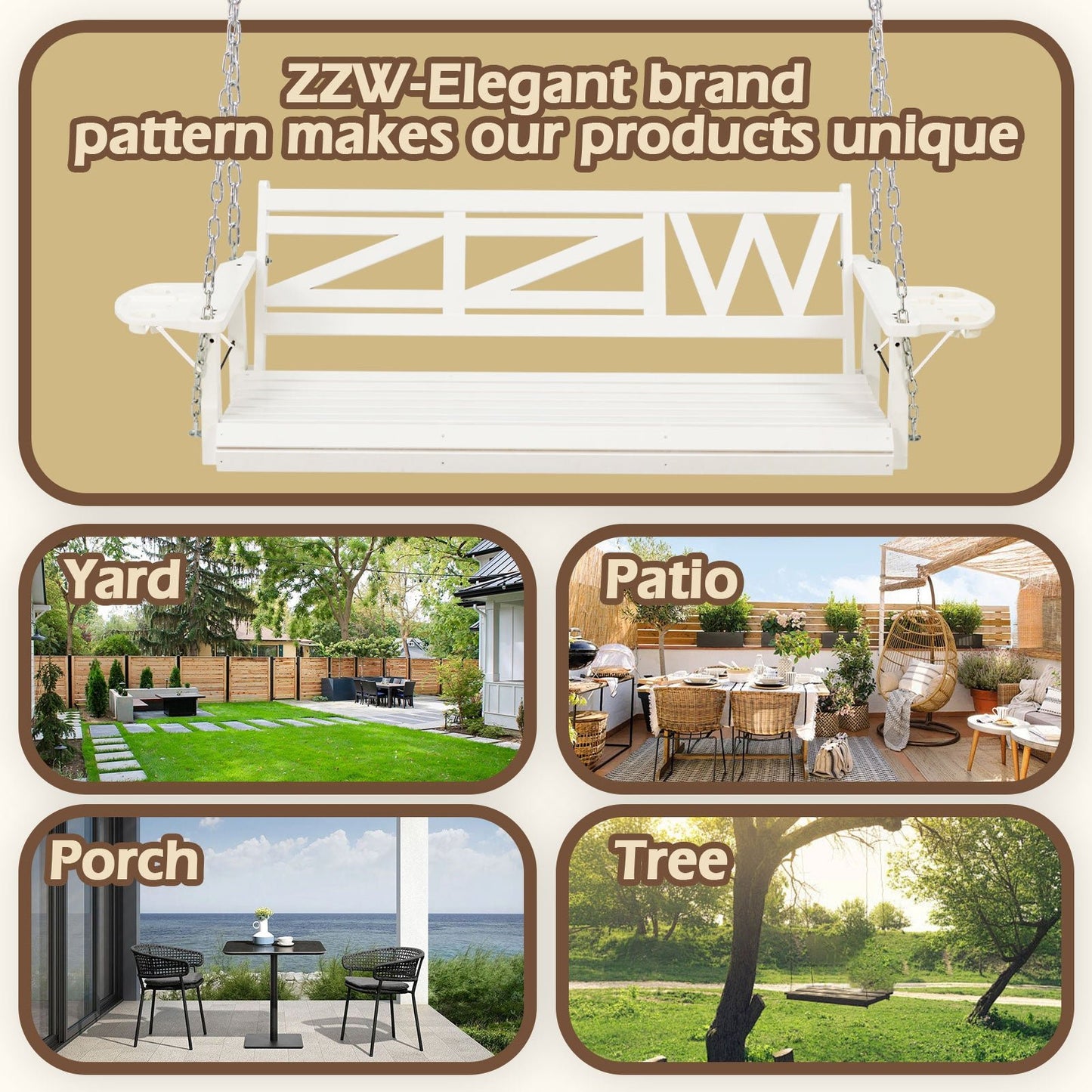 Premium 3 - Seat Wooden Porch Swing with Foldable Cupholders | Heavy - Duty, Weather - Resistant Patio Bench for Garden & Deck - goosavvy.com