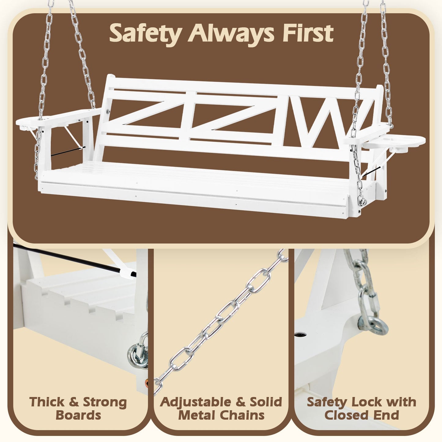 Premium 3 - Seat Wooden Porch Swing with Foldable Cupholders | Heavy - Duty, Weather - Resistant Patio Bench for Garden & Deck - goosavvy.com