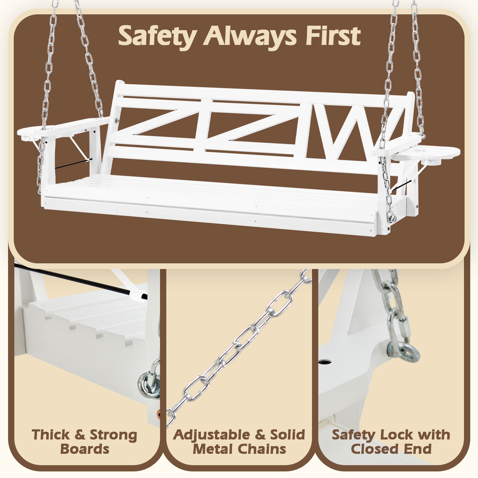 Premium 3 - Seat Wooden Porch Swing with Foldable Cupholders | Heavy - Duty, Weather - Resistant Patio Bench for Garden & Deck - goosavvy.com