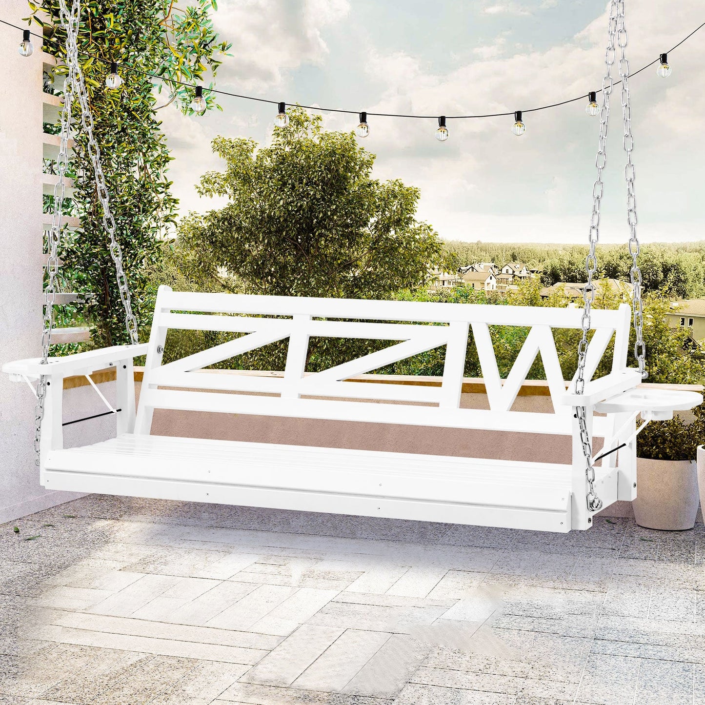 Premium 3 - Seat Wooden Porch Swing with Foldable Cupholders | Heavy - Duty, Weather - Resistant Patio Bench for Garden & Deck - goosavvy.com
