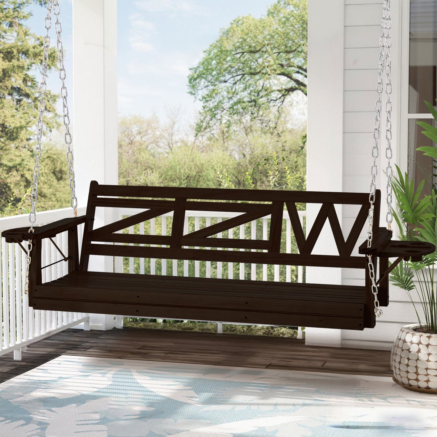Premium 3 - Seat Wooden Porch Swing with Foldable Cupholders | Heavy - Duty, Weather - Resistant Patio Bench for Garden & Deck - goosavvy.com