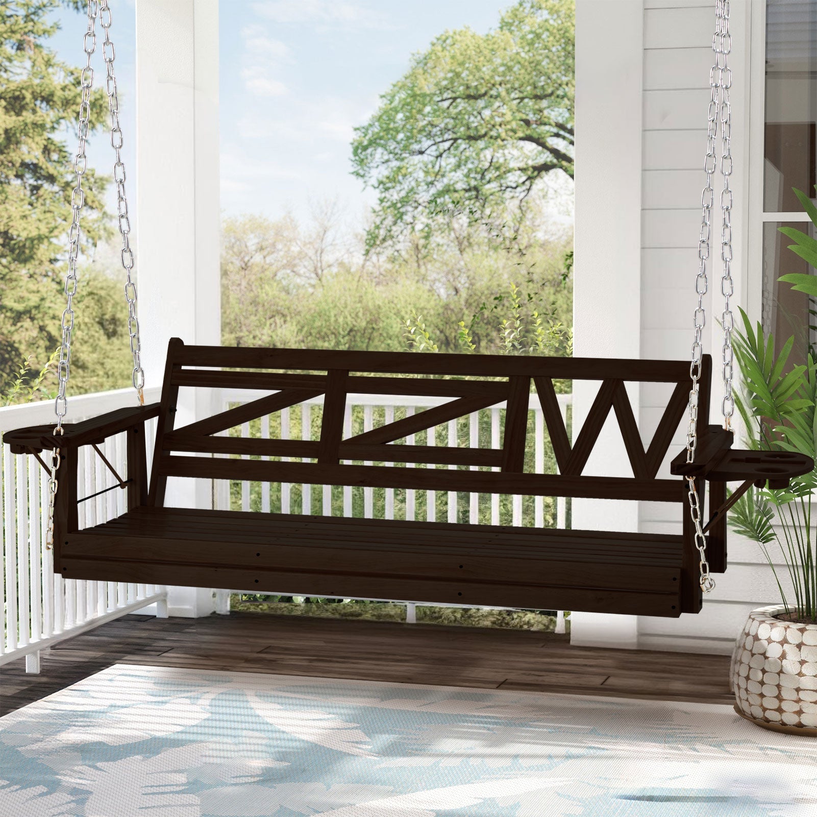Premium 3 - Seat Wooden Porch Swing with Foldable Cupholders | Heavy - Duty, Weather - Resistant Patio Bench for Garden & Deck - goosavvy.com