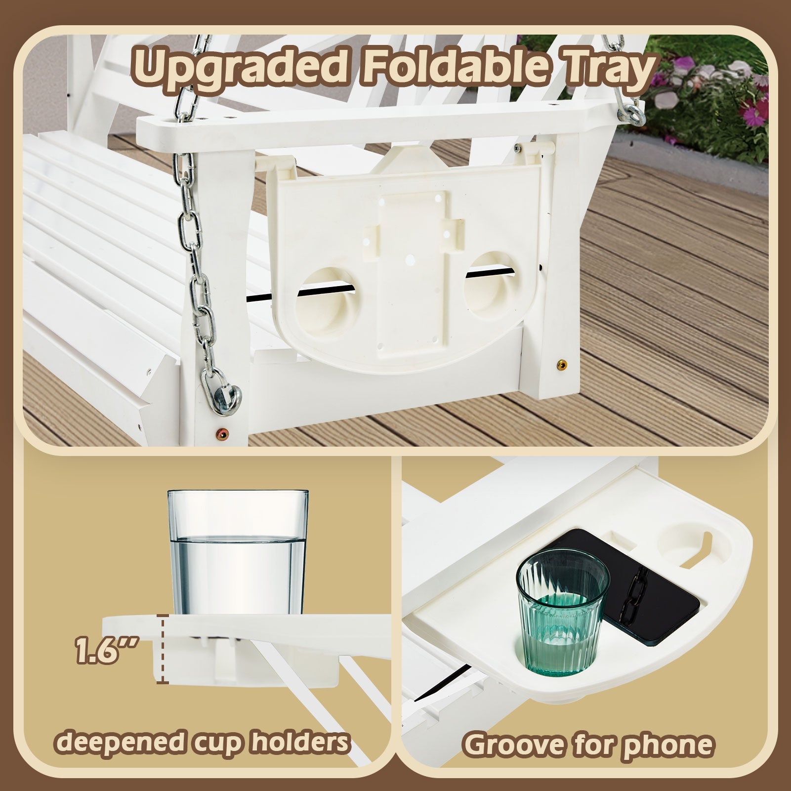 Premium 3 - Seat Wooden Porch Swing with Foldable Cupholders | Heavy - Duty, Weather - Resistant Patio Bench for Garden & Deck - goosavvy.com