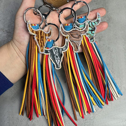 Rhinestone Bull Keychain with Tassel - goosavvy.com