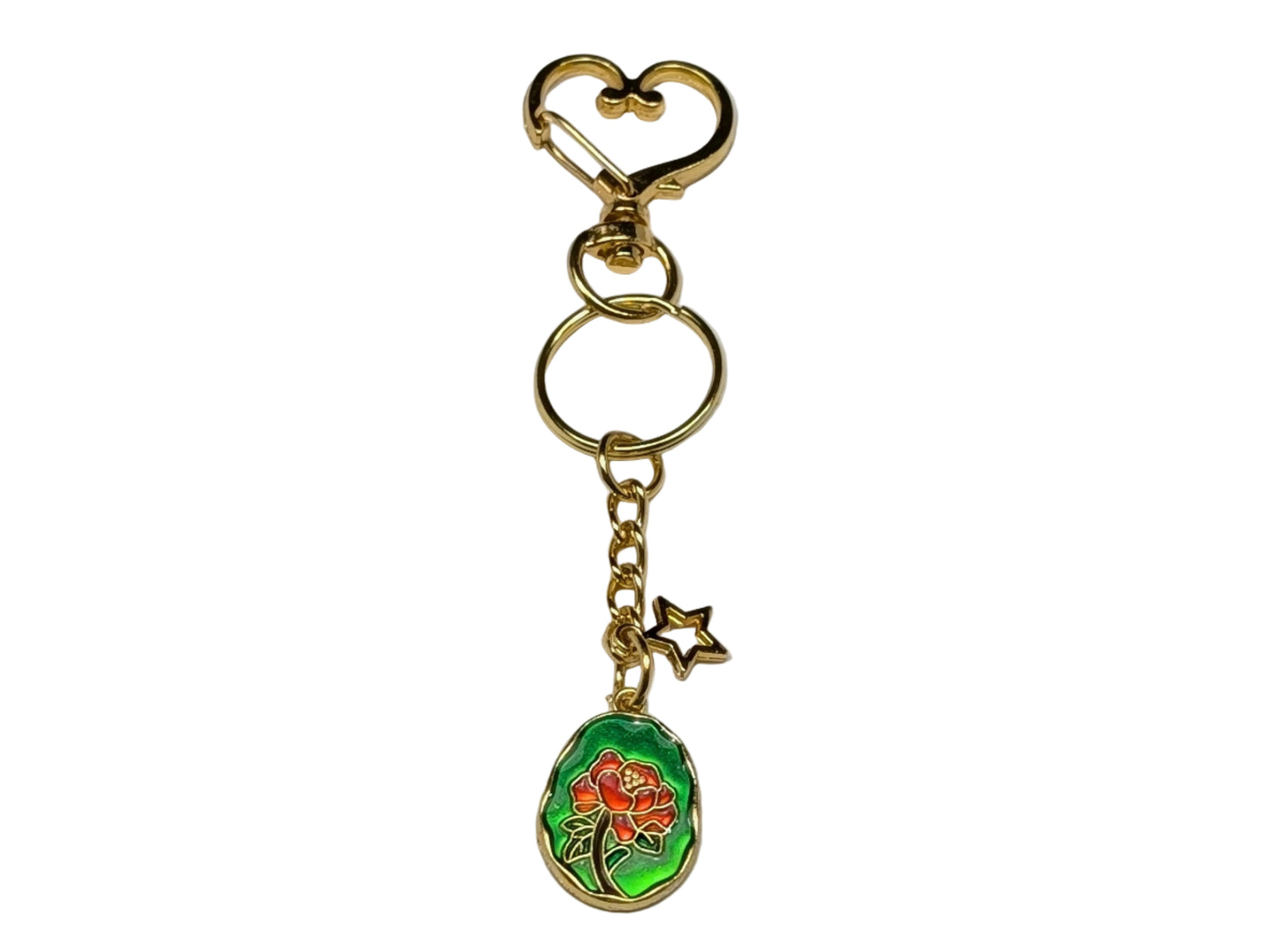 Golden Heart Clasp Keychain with Floral Enamel Charm – Decorative Bag & Purse Accessory