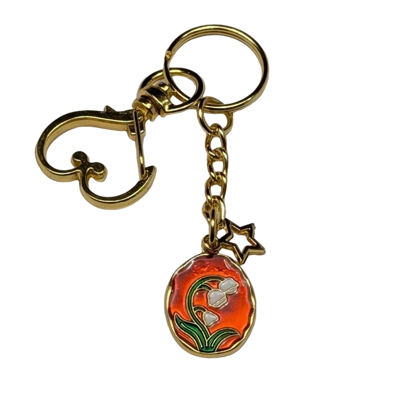 Golden Heart Clasp Keychain with Floral Enamel Charm – Decorative Bag & Purse Accessory