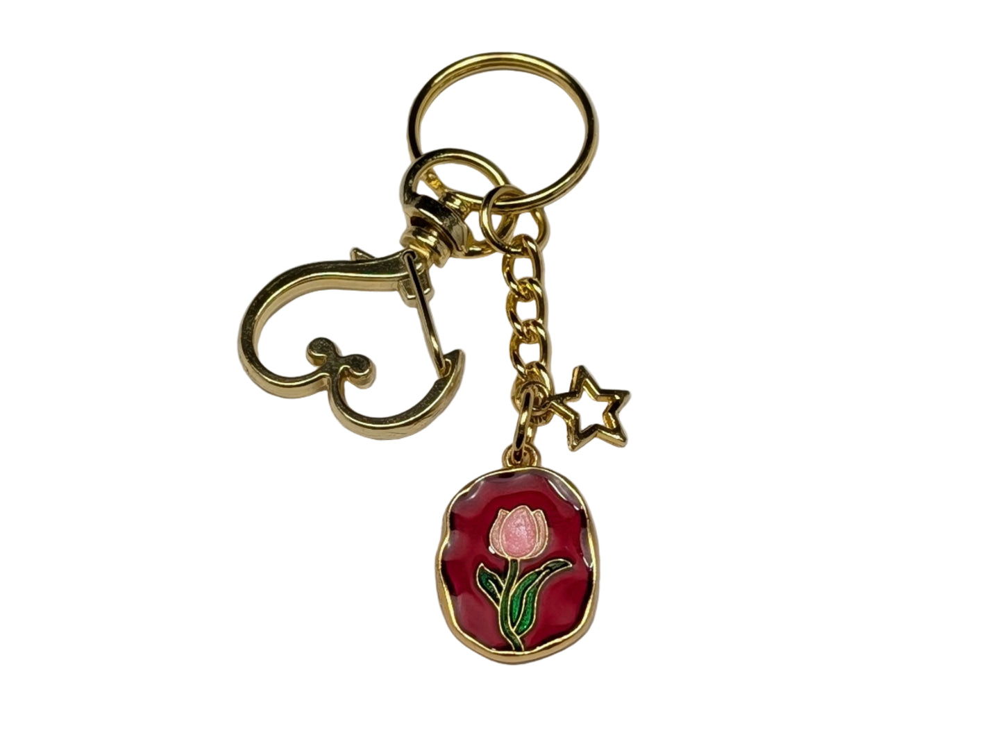 Golden Heart Clasp Keychain with Floral Enamel Charm – Decorative Bag & Purse Accessory