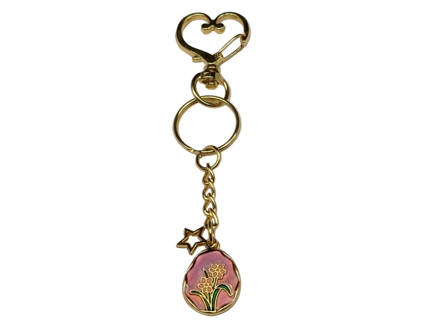 Golden Heart Clasp Keychain with Floral Enamel Charm – Decorative Bag & Purse Accessory