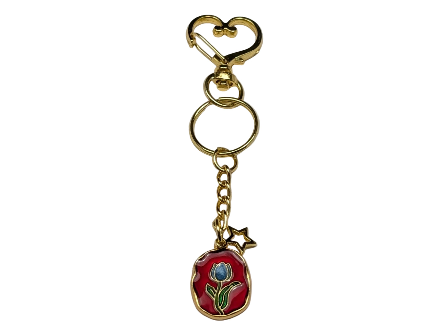 Golden Heart Clasp Keychain with Floral Enamel Charm – Decorative Bag & Purse Accessory