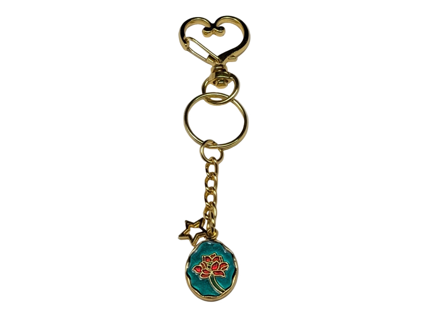 Golden Heart Clasp Keychain with Floral Enamel Charm – Decorative Bag & Purse Accessory