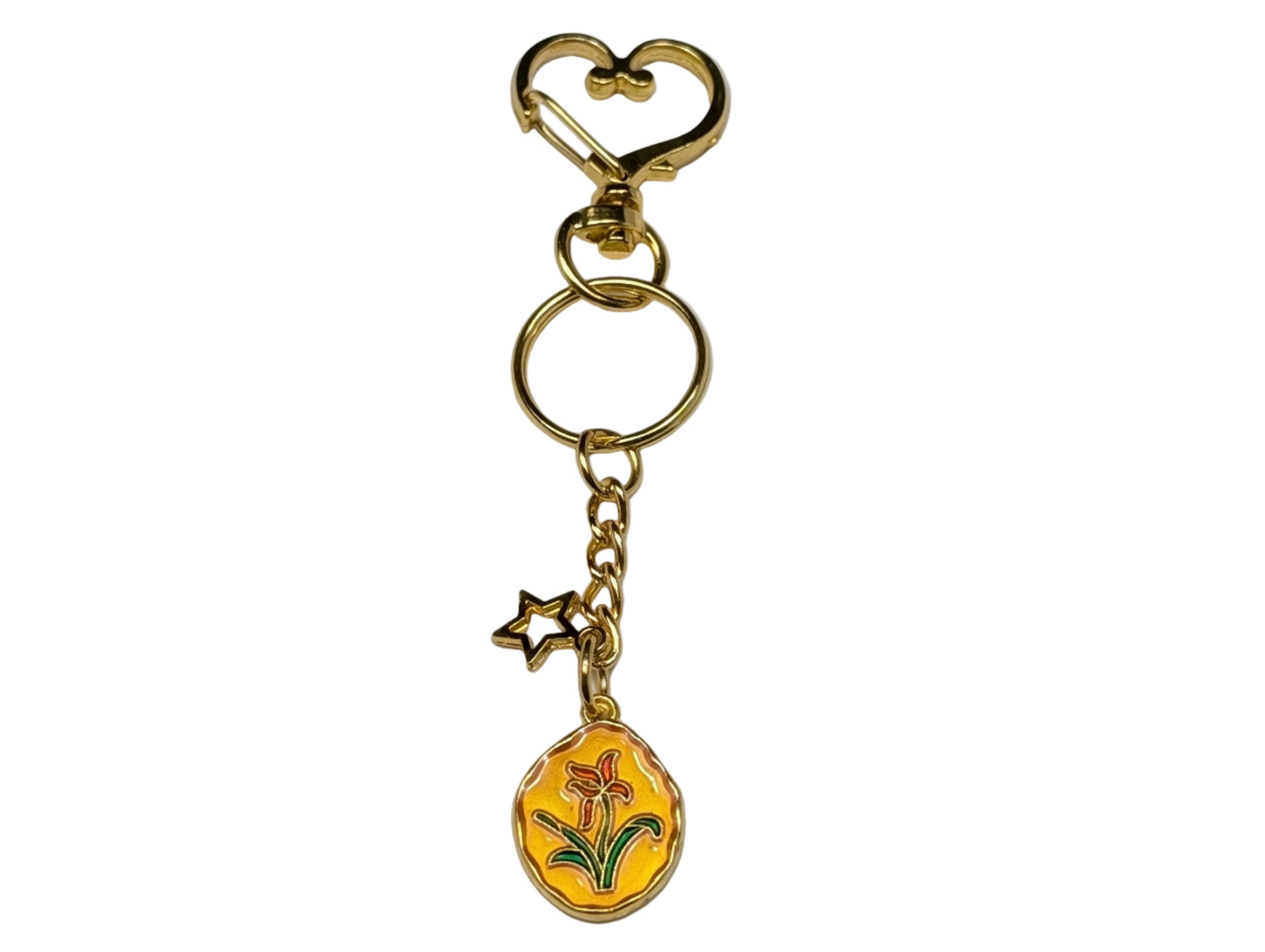 Golden Heart Clasp Keychain with Floral Enamel Charm – Decorative Bag & Purse Accessory