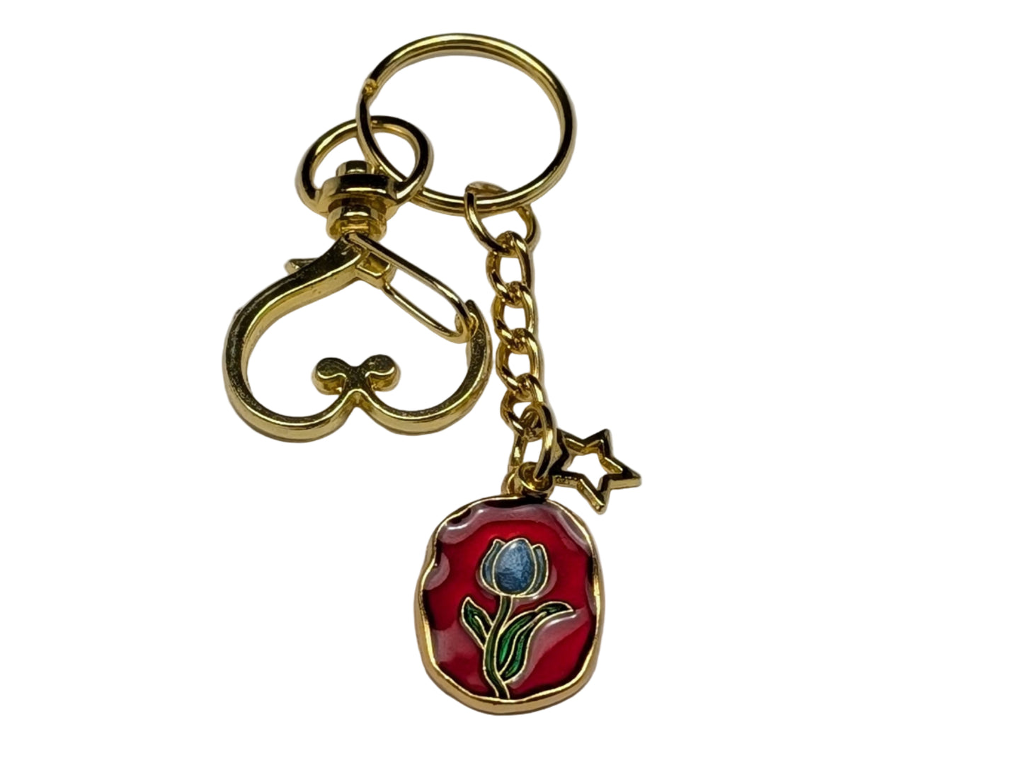 Golden Heart Clasp Keychain with Floral Enamel Charm – Decorative Bag & Purse Accessory