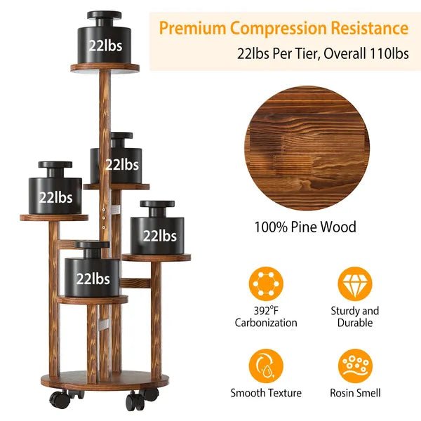 Rolling 5 - Tier Plant Display Rack – Detachable Wheels & Carbonized Pine Wood – Indoor/Outdoor Flower Pot Holder | With 1 Small Rake, Two Small Spades and 1 Set of Globes - goosavvy.com
