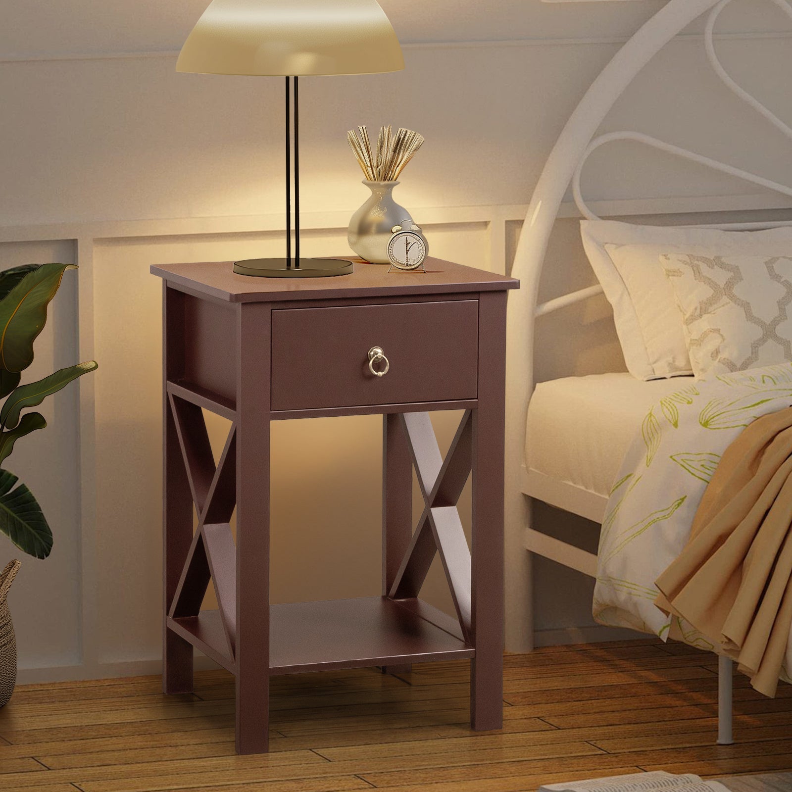 Set of 2 Rustic Brown Nightstands with Drawer & Shelf – Bedside End Tables - goosavvy.com