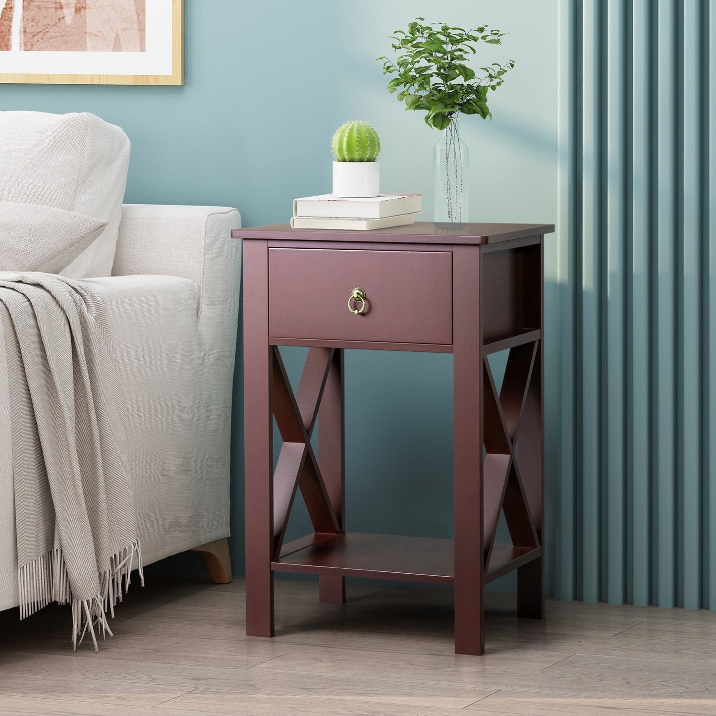 Set of 2 Rustic Brown Nightstands with Drawer & Shelf – Bedside End Tables - goosavvy.com