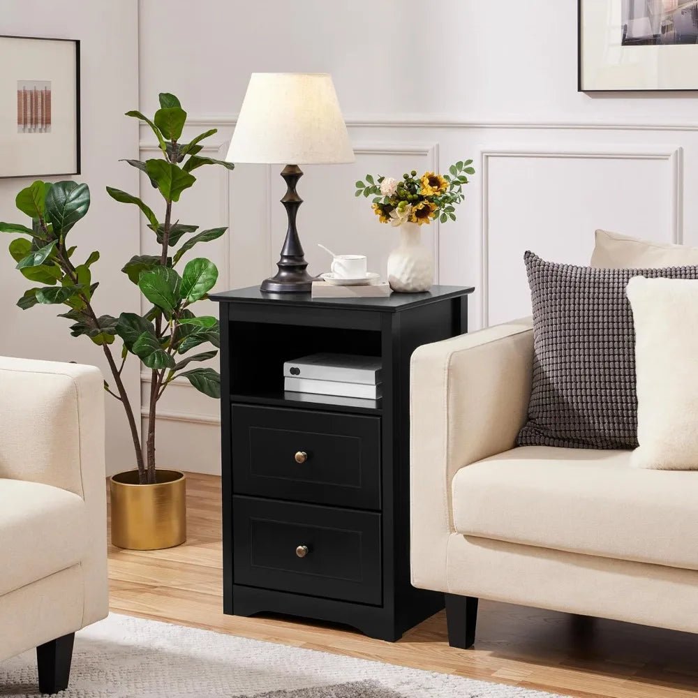 Set of 2 Wooden Nightstands with 2 Storage Drawers & Open Shelf, Modern Bedside Tables for Bedroom, Living Room – Black - goosavvy.com