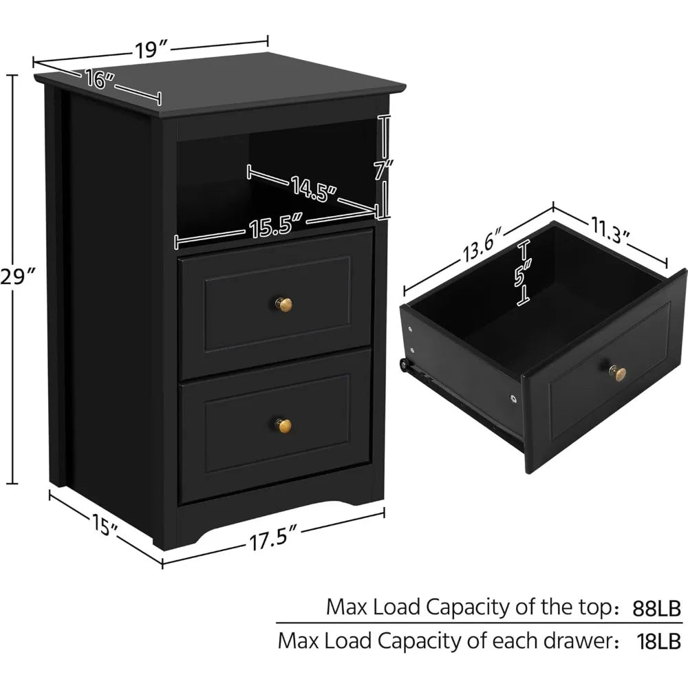 Set of 2 Wooden Nightstands with 2 Storage Drawers & Open Shelf, Modern Bedside Tables for Bedroom, Living Room – Black - goosavvy.com