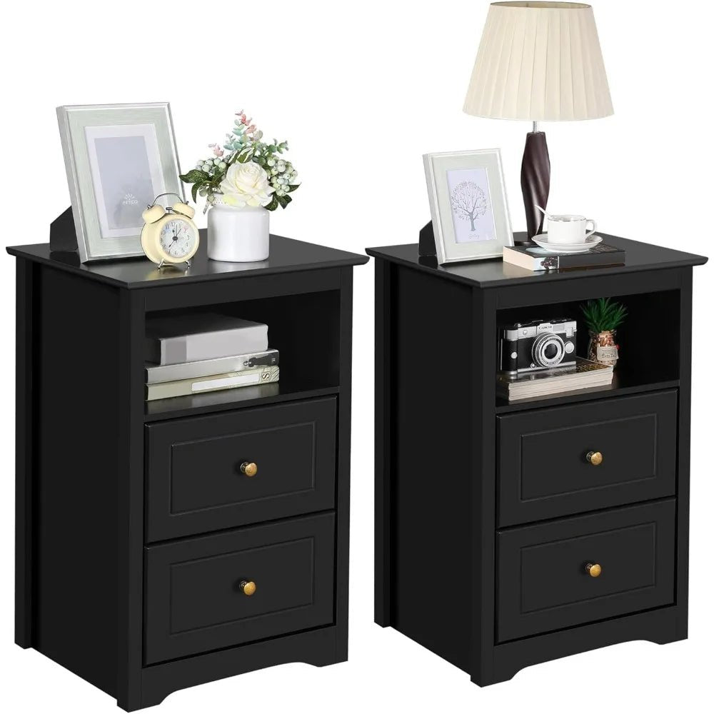 Set of 2 Wooden Nightstands with 2 Storage Drawers & Open Shelf, Modern Bedside Tables for Bedroom, Living Room – Black - goosavvy.com