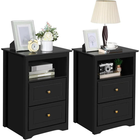 Set of 2 Wooden Nightstands with 2 Storage Drawers & Open Shelf, Modern Bedside Tables for Bedroom, Living Room – Black - goosavvy.com