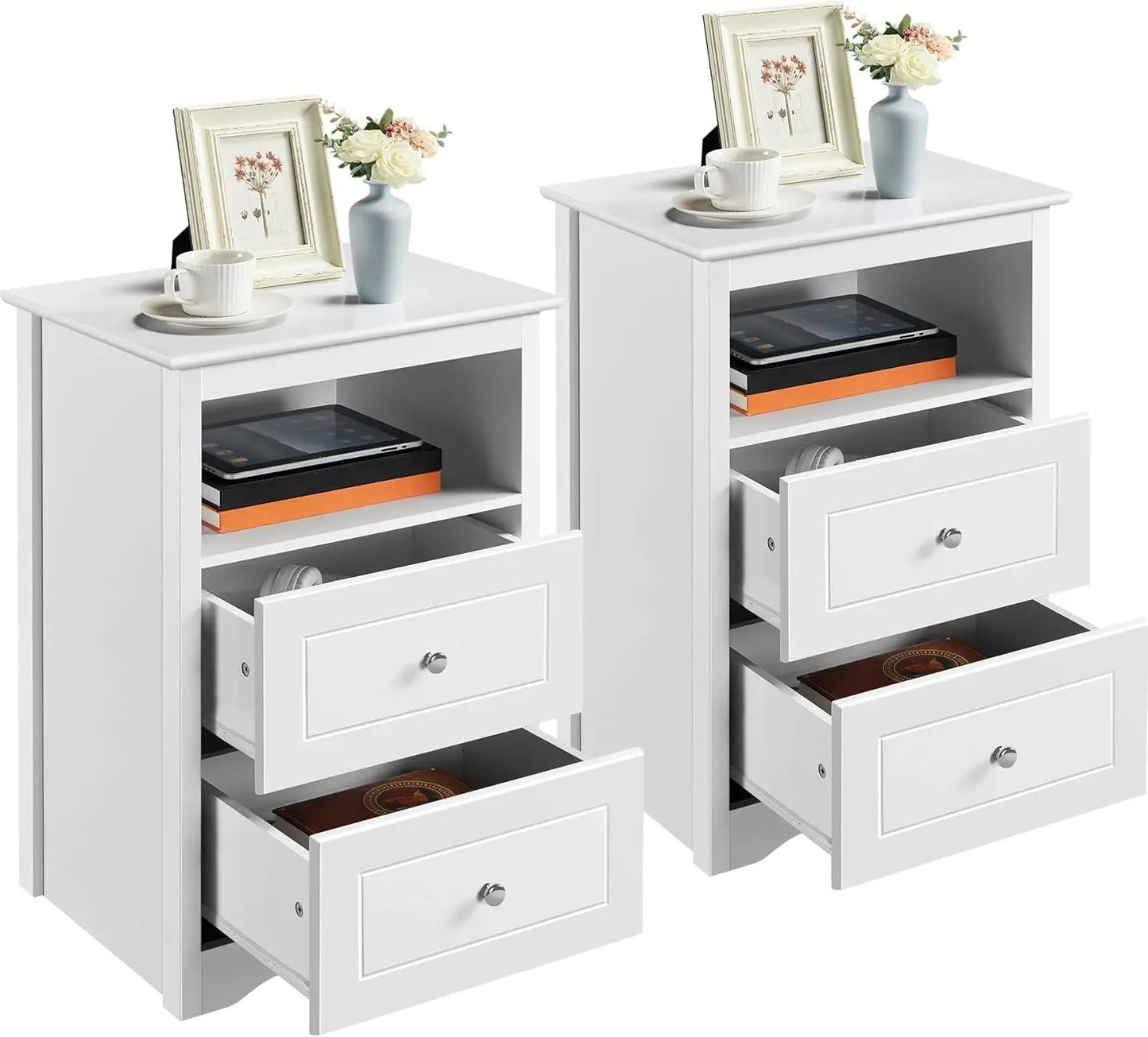 Set of 2 Wooden Nightstands with 2 Storage Drawers & Open Shelf, Modern Bedside Tables for Bedroom, Living Room – Black - goosavvy.com