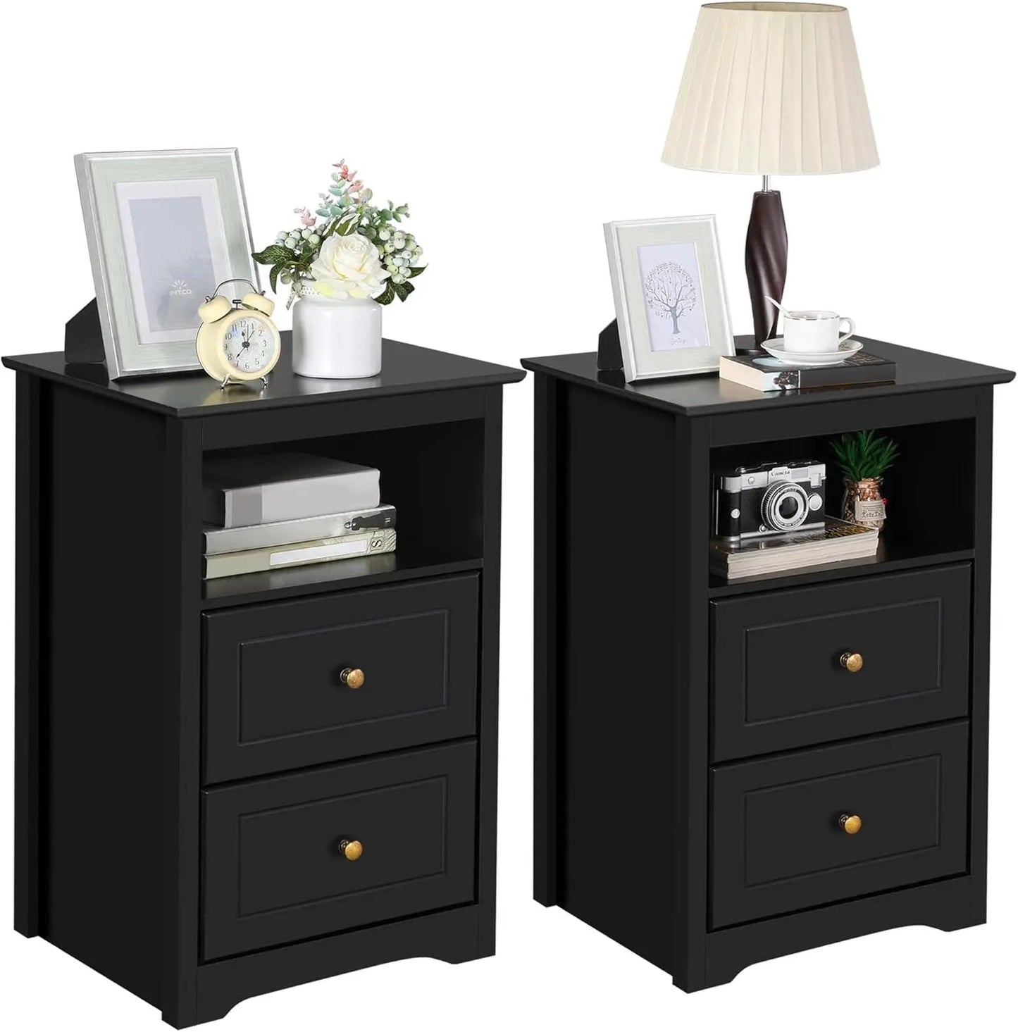 Set of 2 Wooden Nightstands with 2 Storage Drawers & Open Shelf, Modern Bedside Tables for Bedroom, Living Room – Black - goosavvy.com