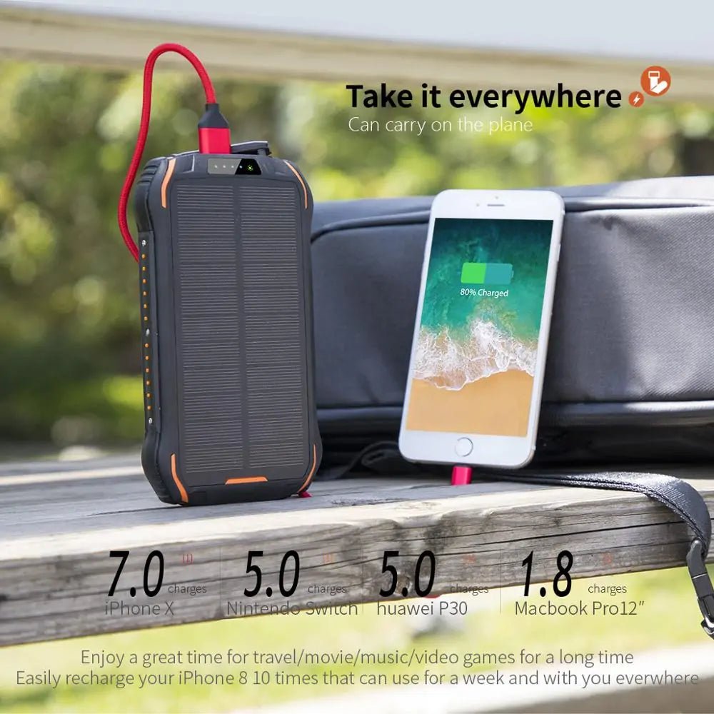 Solar - Powered Wireless Charging Power Bank for Phones | 26800mAh | 18 LED Flash light - goosavvy.com
