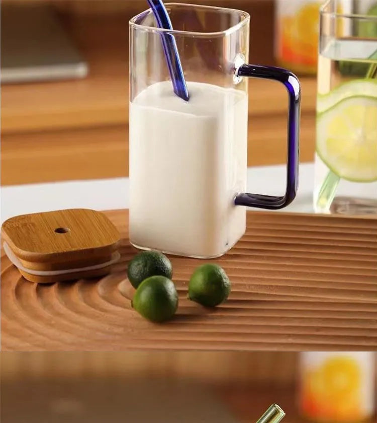 Square Glass Mug With Lid and Straw | 400ml | 13.5oz | Microwave Safe - goosavvy.com