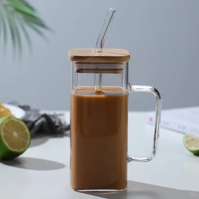 Square Glass Mug With Lid and Straw | 400ml | 13.5oz | Microwave Safe - goosavvy.com