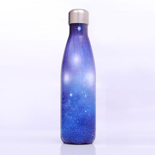 Image for stainless steel vacuum flask with sky galaxy style printing in blue color. The bottle has a stainless steel cap with a silicone sealing ring inside to keep it air tight when capped.
