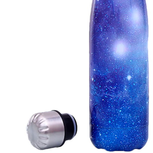 Image for stainless steel vacuum flask with sky galaxy style printing in blue color. The bottle has a stainless steel cap with a silicone sealing ring inside to keep it air tight when capped. The image shows the cap placed next to the bottle.
