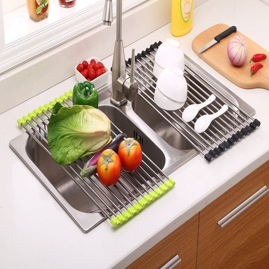 Stainless Steel Roll - Up Kitchen Sink Rack, Foldable Dish Drying Mat, Over The Sink Dish Storage - goosavvy.com