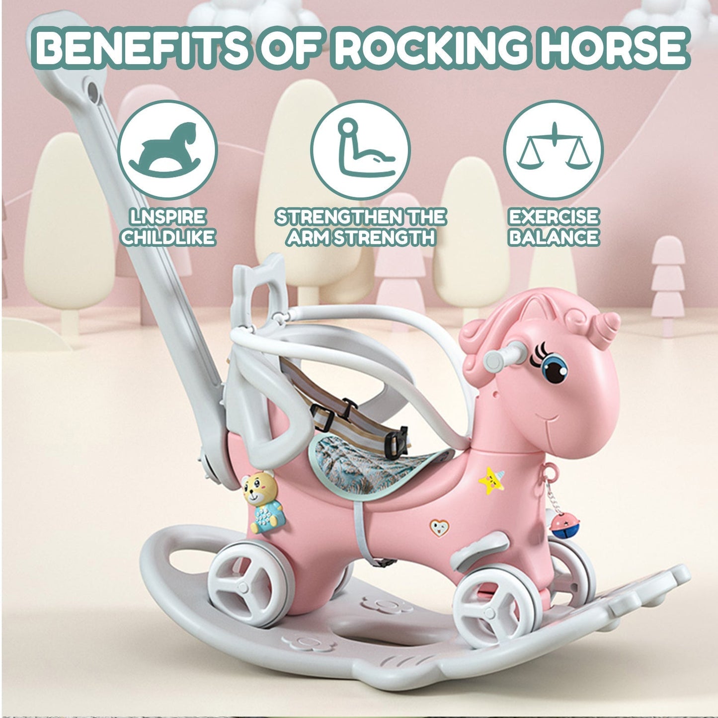 Toddler Rocking Horse & Balance Bike, 4 - in - 1 Ride - On Unicorn Toy for 1 - 3 Year Olds, Pink - goosavvy.com