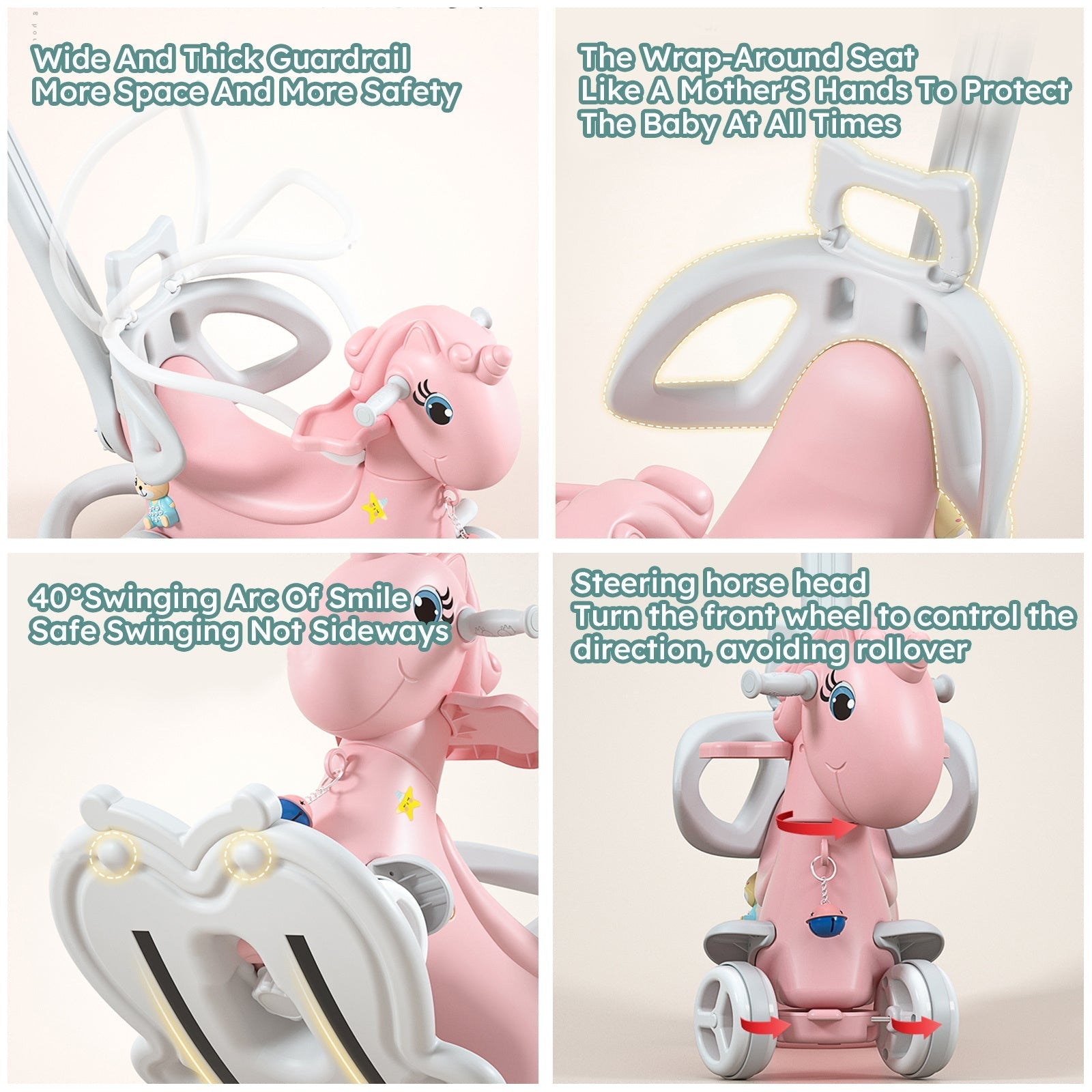 Toddler Rocking Horse & Balance Bike, 4 - in - 1 Ride - On Unicorn Toy for 1 - 3 Year Olds, Pink - goosavvy.com