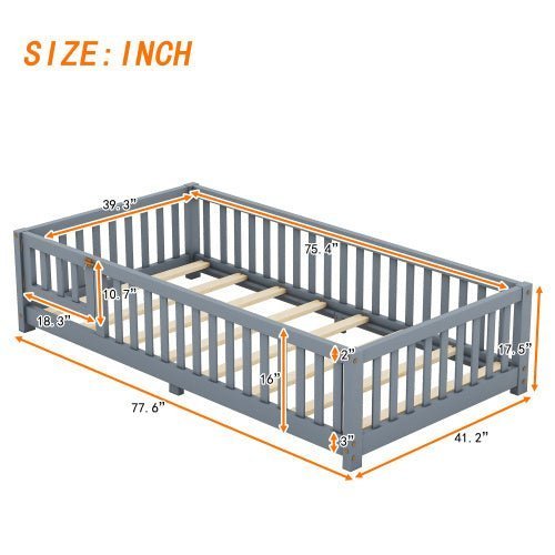 Twin Size Kids Floor Bed with Safety Guardrails & Door, Low - Profile Design, Gray - goosavvy.com