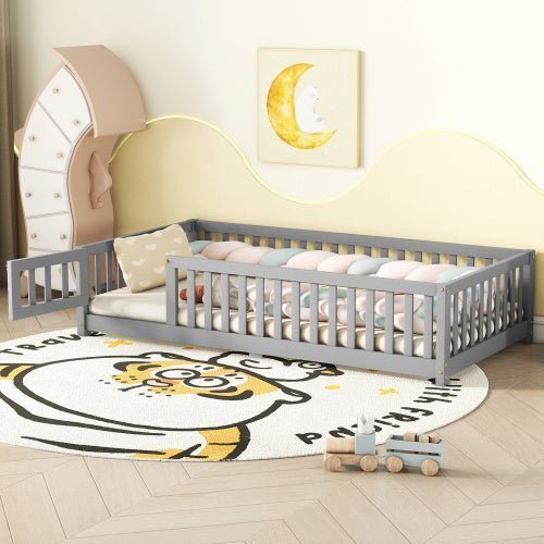 Twin Size Kids Floor Bed with Safety Guardrails & Door, Low - Profile Design, Gray - goosavvy.com
