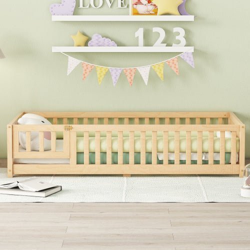 Twin Size Kids Floor Bed with Safety Guardrails & Door, Low - Profile Design, Natural Wood Color - goosavvy.com