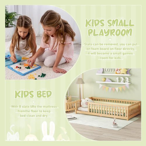 Twin Size Kids Floor Bed with Safety Guardrails & Door, Low - Profile Design, Natural Wood Color - goosavvy.com