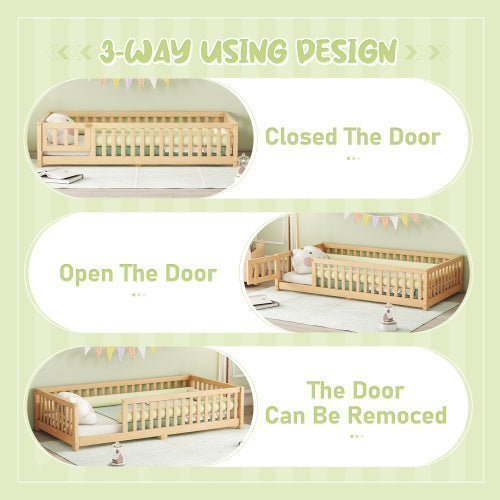 Twin Size Kids Floor Bed with Safety Guardrails & Door, Low - Profile Design, Natural Wood Color - goosavvy.com