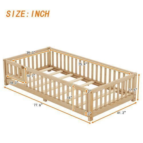 Twin Size Kids Floor Bed with Safety Guardrails & Door, Low - Profile Design, Natural Wood Color - goosavvy.com