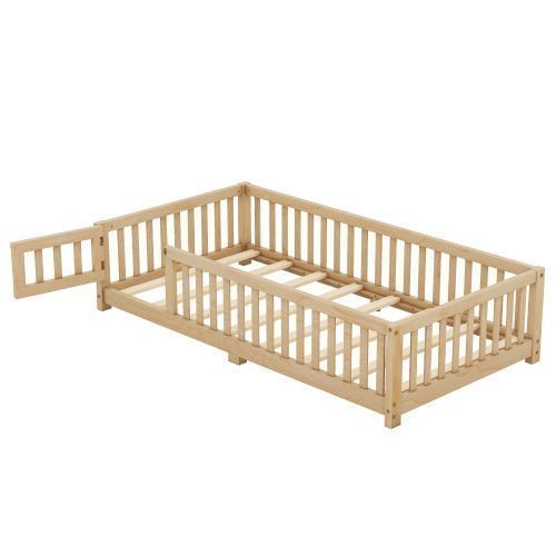 Twin Size Kids Floor Bed with Safety Guardrails & Door, Low - Profile Design, Natural Wood Color - goosavvy.com