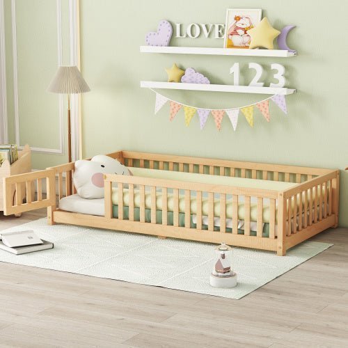 Twin Size Kids Floor Bed with Safety Guardrails & Door, Low - Profile Design, Natural Wood Color - goosavvy.com