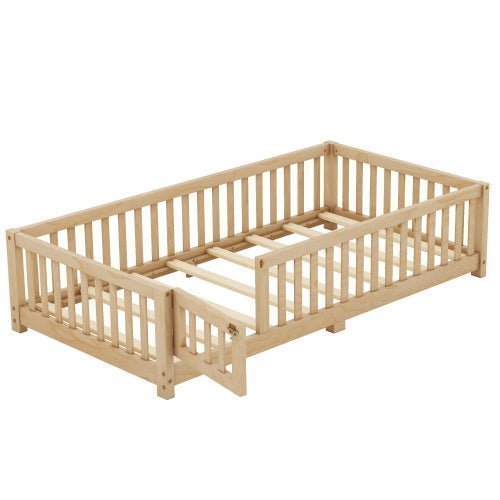 Twin Size Kids Floor Bed with Safety Guardrails & Door, Low - Profile Design, Natural Wood Color - goosavvy.com