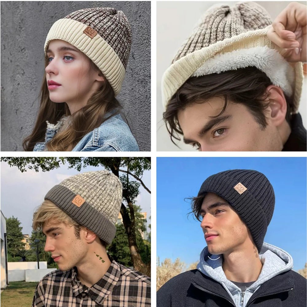 Unisex Two - Tone Thermal Beanie Hat | Knitted Winter Cap with Plush Faux - Fur Lining | Cozy & Fashionable Ski Skull Cap - goosavvy.com