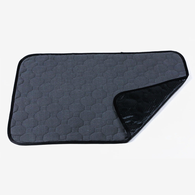 Image for reusable washable anti-slip pet pee pad in dark grey color. A corner is folded upwards to show the anti-slip bottom of the pad.