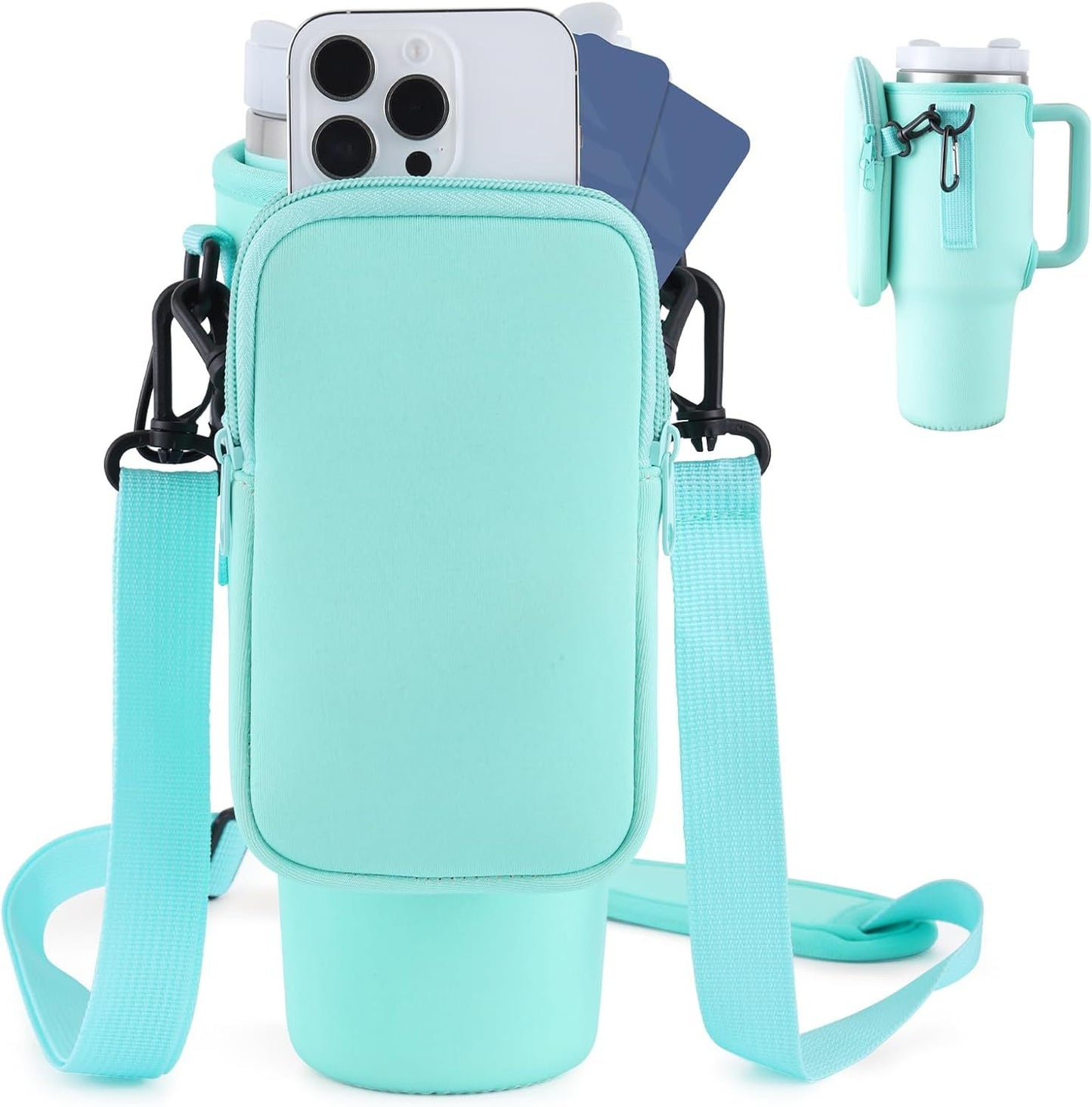 Water Bottle Carrier Bag for 40oz Tumbler and Mug – Adjustable Strap, Neoprene Protection, Storage Pockets – Ideal for Travel, Hiking, Walking - goosavvy.com