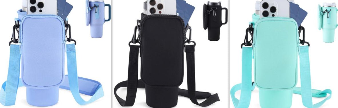 Water Bottle Carrier Bag for 40oz Tumbler and Mug – Adjustable Strap, Neoprene Protection, Storage Pockets – Ideal for Travel, Hiking, Walking - goosavvy.com