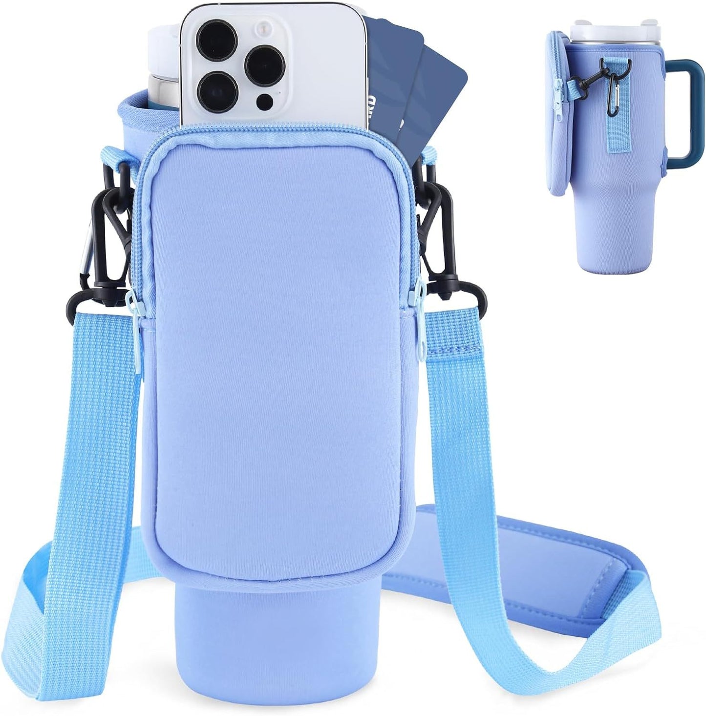 Water Bottle Carrier Bag for 40oz Tumbler and Mug – Adjustable Strap, Neoprene Protection, Storage Pockets – Ideal for Travel, Hiking, Walking - goosavvy.com