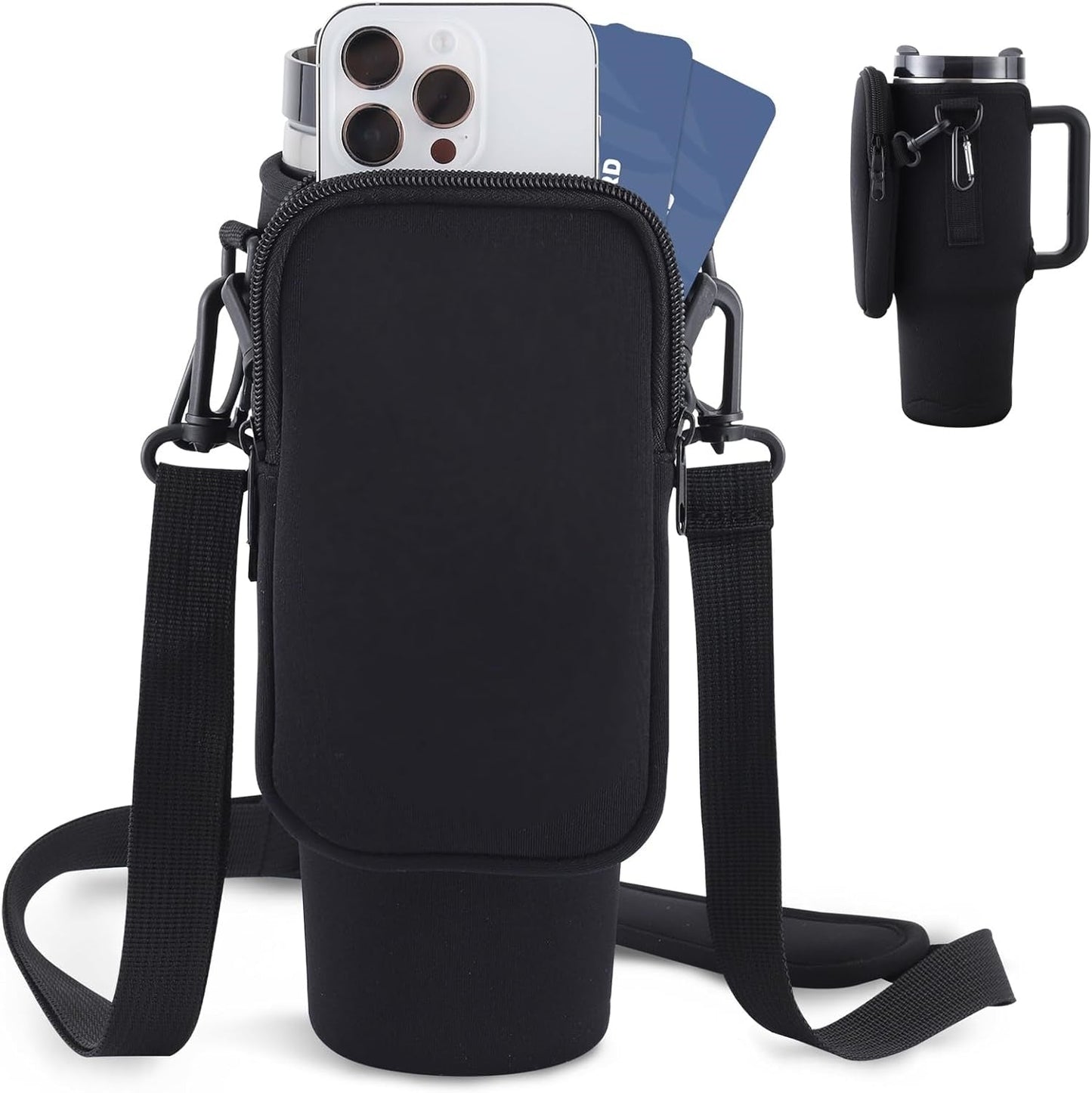 Water Bottle Carrier Bag for 40oz Tumbler and Mug – Adjustable Strap, Neoprene Protection, Storage Pockets – Ideal for Travel, Hiking, Walking - goosavvy.com