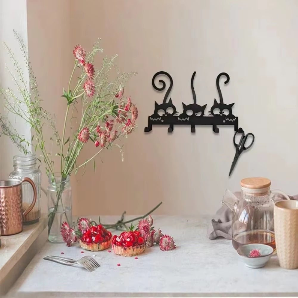 Whimsical 3 - Cat Silhouette Wall Rack with 5 Hooks – Black Metal Key Holder & Entryway Organizer (9.45 in.) - goosavvy.com