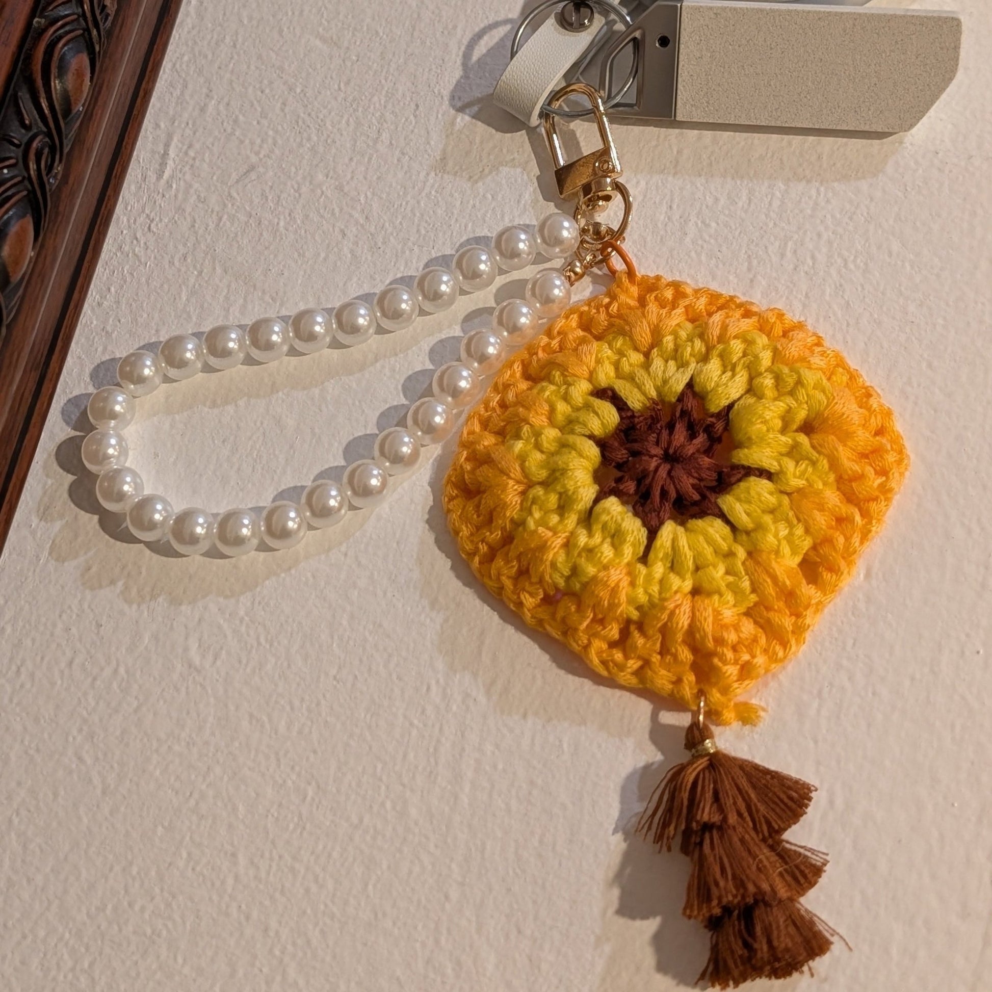 White Pearl Bracelet with Crochet Square Flower Charm – Versatile Keychain & Phone Accessory - goosavvy.com